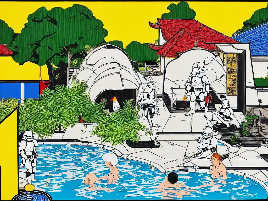 Image similar to hyperrealism composition of the japanese house with a hot springs in the garden, two detailed stormtroopers bathe in a hot spring, pop - art style, jacky tsai style, andy warhol style, roy lichtenstein style, round canvas, acrylic on canvas