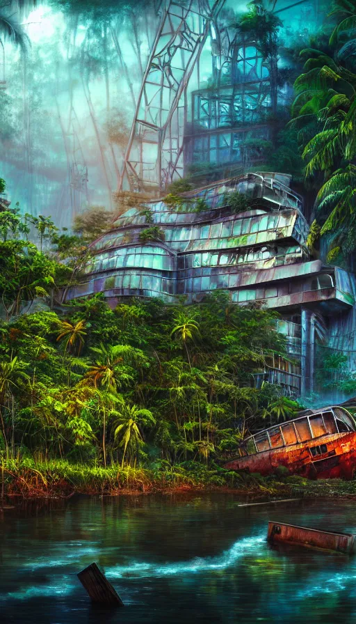 Image similar to a beautiful photorealistic painting of shipwreck nature urbex architecture city industrial architecture by frank gehry, sea reclaimed by nature rainforest flowers lightpaint tron nightvision synthwave morning sun sunlight nightsky uv light magic realism at night laser, archdaily, wallpaper, highly detailed, trending on artstation.