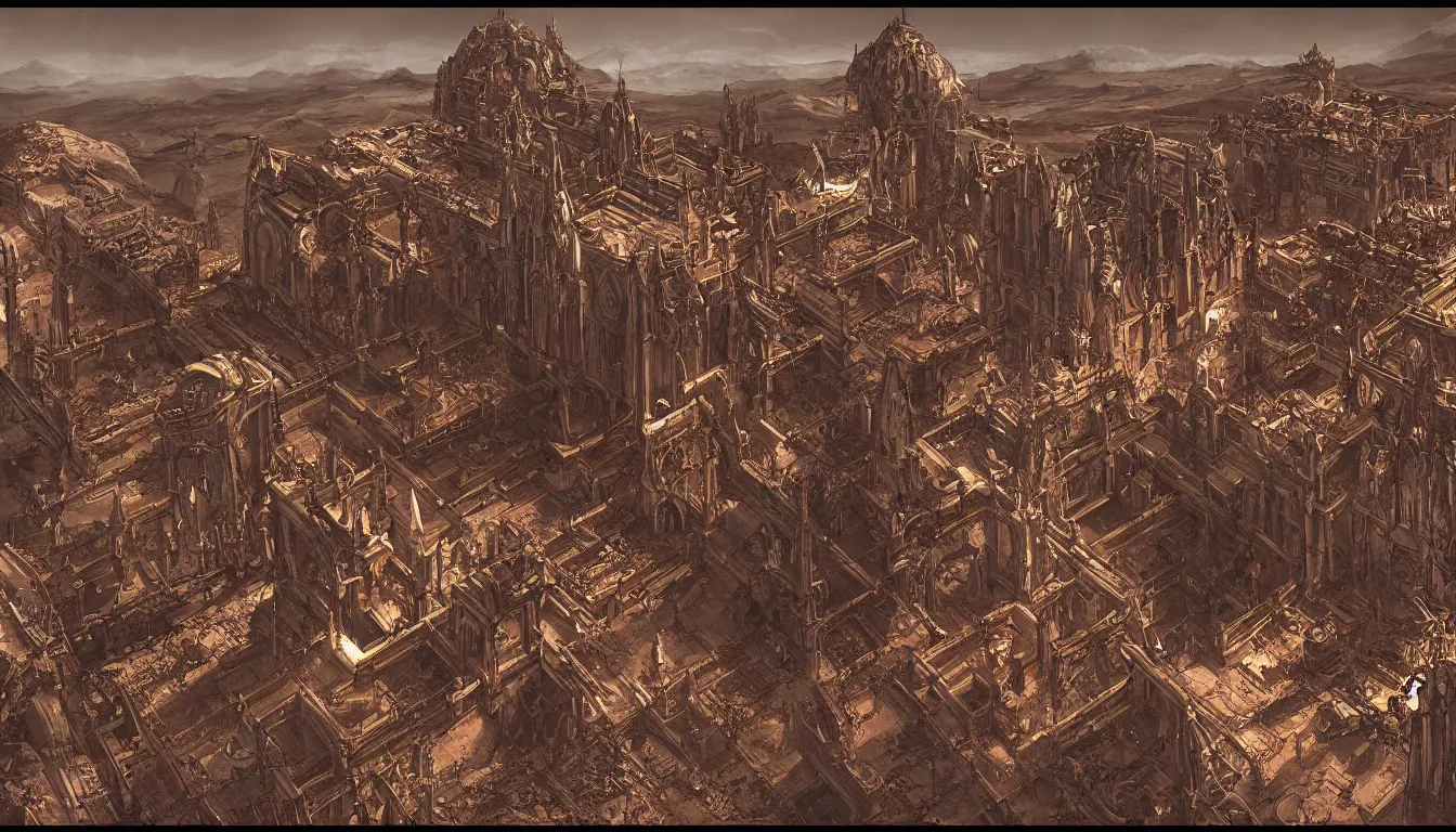 Prompt: A Cathedral in Mars, architecture in the style of Warhammer 40k Adeptus Mechanicus, digital art, highly detailed