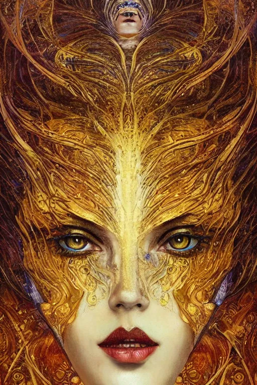 Image similar to Intermittent Chance of Chaos Muse by Karol Bak, Jean Deville, Gustav Klimt, and Vincent Van Gogh, beautiful surreal face portrait, enigma, destiny, fate, inspiration, muse, otherworldly, fractal structures, arcane, ornate gilded medieval icon, third eye, spirals