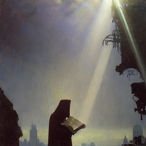 Image similar to half portait of magican wearing a closed cowl holding a big old book!, jeremy mann, jean leon gerome, alphonse mucha, greg rutkowski, hood covers his eyes, ( ( ruins of ancient rome ) ), at dusk, mysterious atmosphere, sunrays, dof, masterpiece, high detailed, 8 k