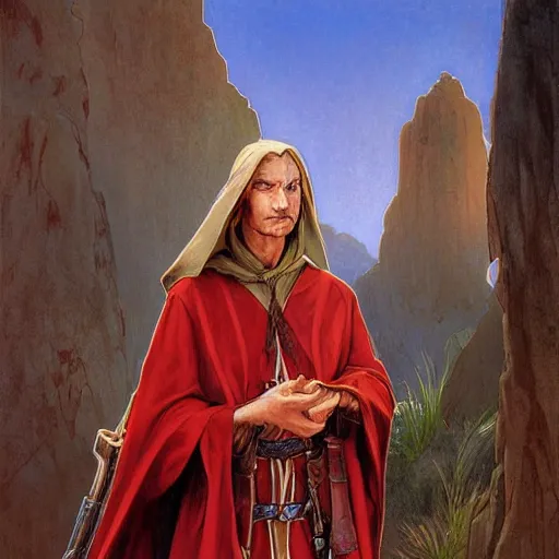 Prompt: ezra the elven desert bandit. Red robes. Epic portrait by james gurney and Alfonso mucha (lotr, witcher 3, dnd).