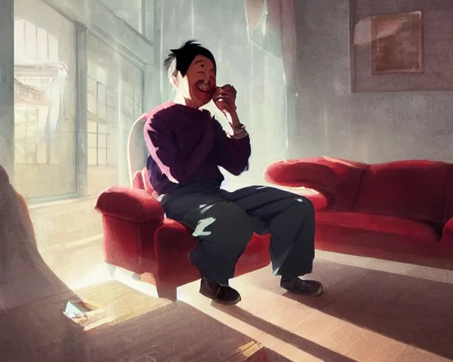 Image similar to a 50 year old brunnete happy chinese man with puffy cheeks sitting on a couch at home and talking on the phone with a worried face, anime art, Greg Rutkowski, studio ghibli, dramatic lighting