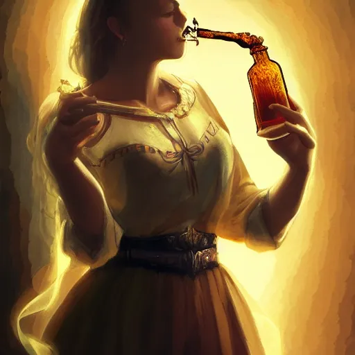 Prompt: a beautiful priestess holding an ornate bottle pouring smoke, surrounded by clouds, golden hour, concept art