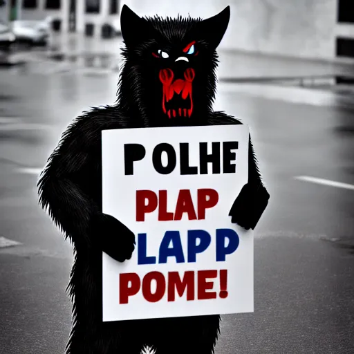 Prompt: a werewolf holding a protest sign outside a planned parenthood in the rain, photograph, fish eye lens, hyperrealism, unreal engine, artstation, 4k