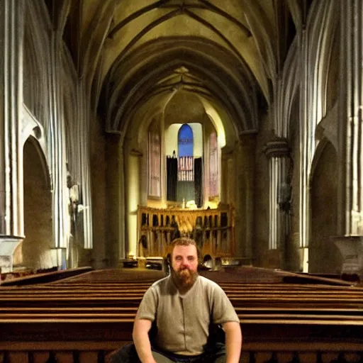 Image similar to a renaissance painting of a man sitting on the seat of a pipe organ inside of a cathedral, the man is tiny im comparison to the size of the cathedral.