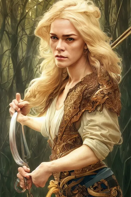 Image similar to beautiful cottagecore jean claude van dam holding nunchuks, blonde Hair, dark forest, intricate, elegant, highly detailed, digital painting, artstation, concept art, smooth, sharp, focus, illustration, art by artgerm and greg rutkowski and alphonse mucha