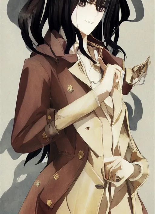 Image similar to luxury advertisement, medium close-up of a manga girl with a golden trenchcoat by krenz cushart, Sasoura, Satchely and Akihiko Yoshida, black medium length Dutch bob cut hair with straight bangs, poster