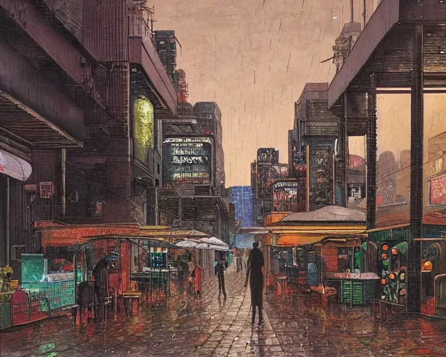 Image similar to street with food stands in a cyberpunk city on a rainy melancholy night by de chirico