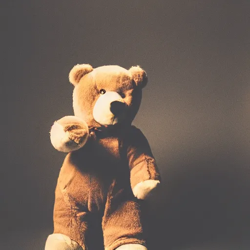 Image similar to a ( ( chiaroscuro lighting portrait ) ) of kanye west dressed as teddy bear mascot, black background, portrait by julia margaret cameron, shallow depth of field, 8 0 mm, f 1. 8