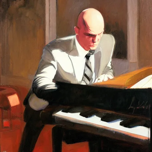 Image similar to a portrait of agent 4 7 playing a piano next to a white coffin in a monestary by gregory manchess, james gurney, james jean