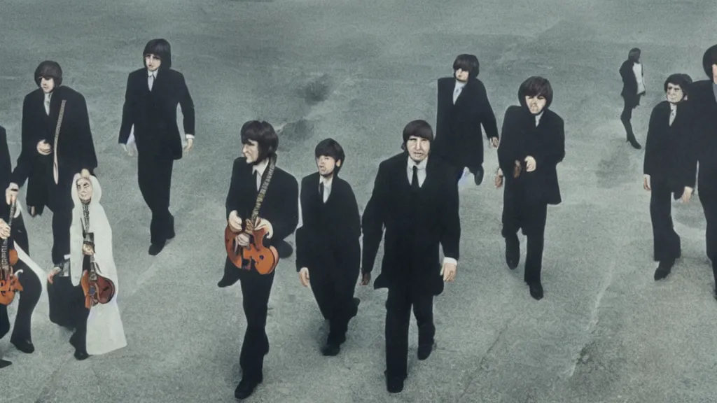 Prompt: the apostles as the beatles on an album cover, film still from the movie directed by Denis Villeneuve with art direction by Salvador Dalí, wide lens