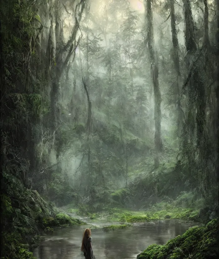 Image similar to most epic landscape, epic cinematic hyperrealism masterpiece. realistic poster with shaded lighting by craig mallismo, artgerm, jeremy lipkin and michael garmash, unreal engine, radiant light, detailed and complex environment, digital art, art station trends, environmental portrait, low angle, 3 5 mm, forest path, jungle, misty, moss, vines, fern