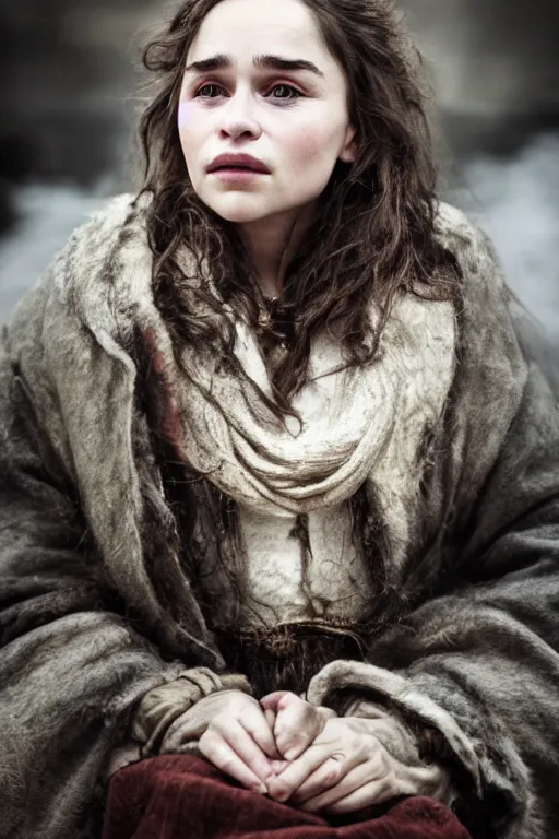 Image similar to Photo of Native Russian woman Emilia Clarke, portrait, skilled homeless, realistic, detailed, Emilia Clarke, photorealistick, Sony A7R