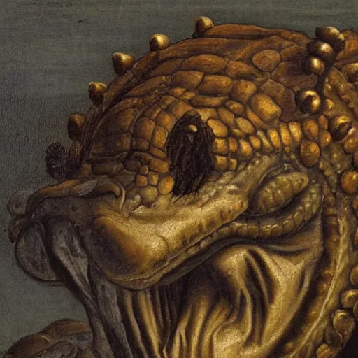 Image similar to a renaissance style portrait painting of Crocodile Bear hybrid