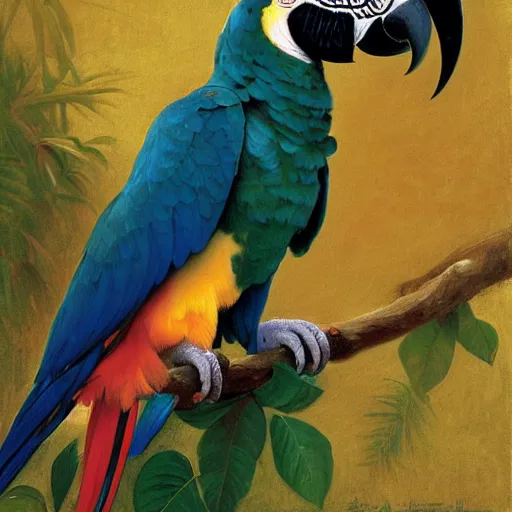 Image similar to Painting of A macaw parrot. Art by william adolphe bouguereau. During golden hour. Extremely detailed. Beautiful. 4K. Award winning.