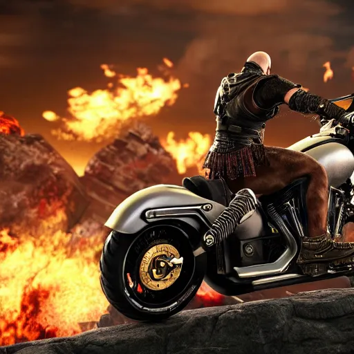 Image similar to kratos jumping a black harley - davidson motorcycle off a cliff, cinematic render, playstation studios official media, god of war 2 0 1 8, flames, centered