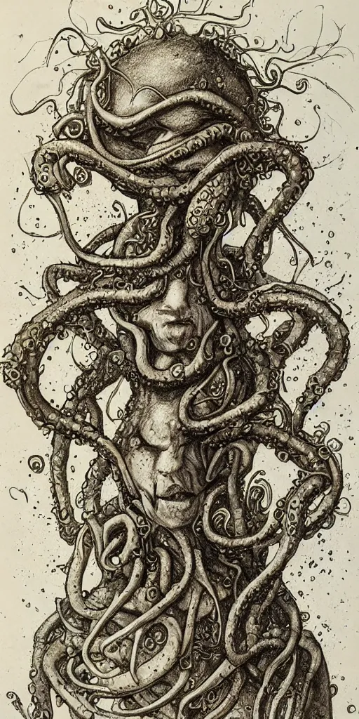 Image similar to high detailed drawing a man with the head of a broken egg, with arms of tentacles. He has a knife in his hand and splatters micro droplets, Brian Froud style