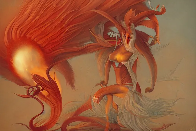 Image similar to prompt A beautiful red orange kumiho, nine fox tails, Peter Mohrbacher