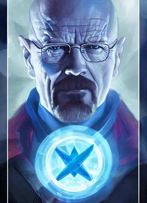 Image similar to walter white as doctor strange, long shadow, light colors, blue magic, ice, blue ice, by greg rutkowski, artstation