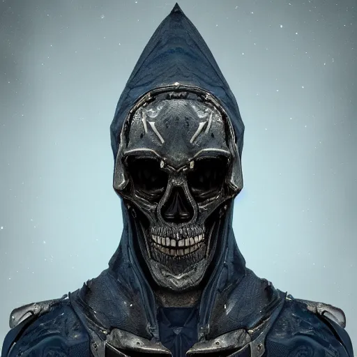 Image similar to award - winning. trending on artstation. 4 k. eerie tone. a robotic skull faced figure wearing a hooded cape made of the night sky with 1 5 dark blue glowing eyes on its face and rows of teeth on its chest. full - body. portrait.