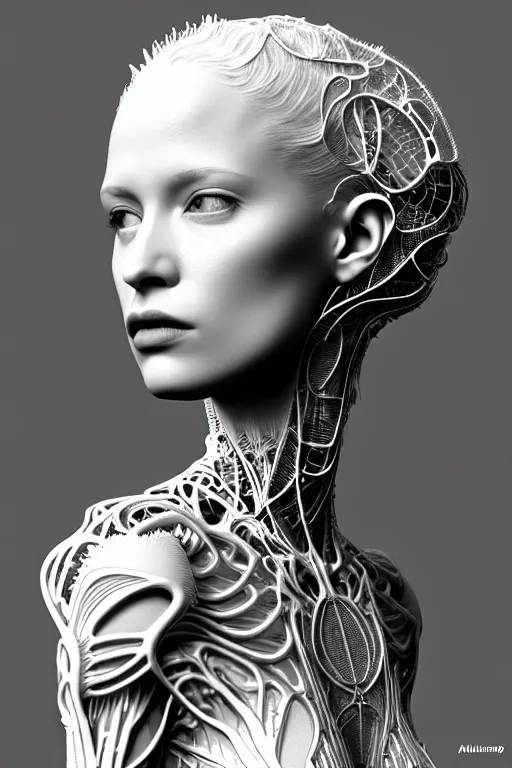 Image similar to bw 3 d render, hyper detailed, stunning beautiful biomechanical albino female cyborg with a porcelain profile face, angelic, beautiful natural soft rim light, big leaves and stems, roots, fine foliage lace, alexander mcqueen, art nouveau fashion embroidered, steampunk, silver filigree details, hexagonal mesh wire, mandelbrot fractal, elegant, 1 9 3 0