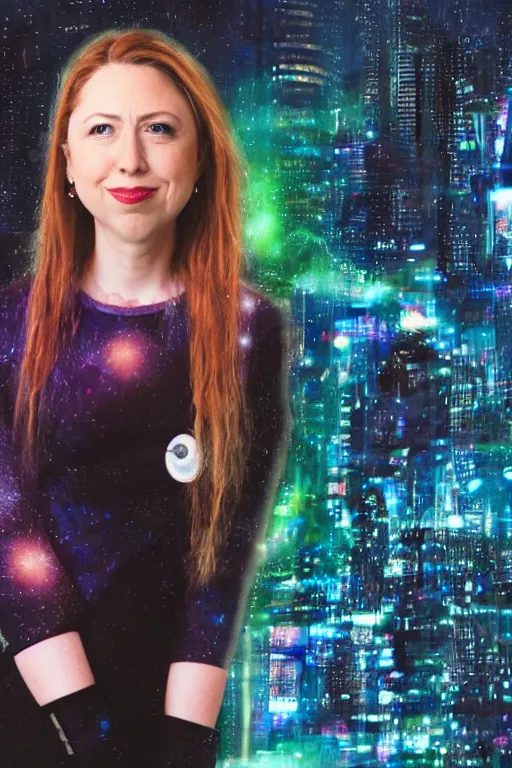 Image similar to cyberpunk chelsea clinton, mechanized arms, spiral galaxy beaming from her ears