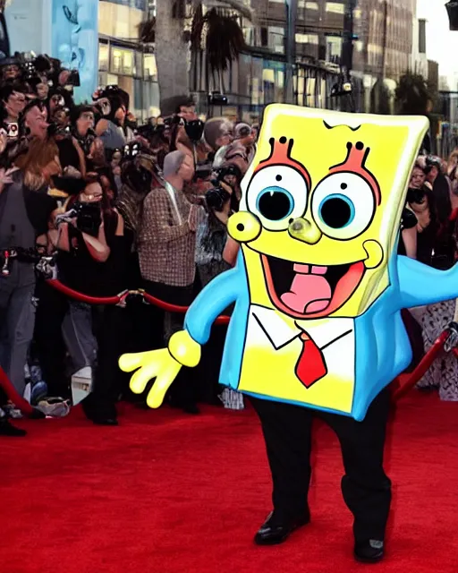 Image similar to Paparazzi photographers a terrified SpongeBob SquarePants at his movie premiere, photorealistic