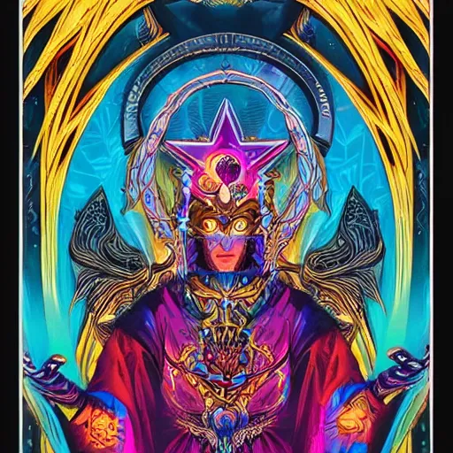 Image similar to digital tarot card painting of a powerful warlock, hyperdetailed, vivid colors, beautiful, magic spell, by Dan Mumford, trending on Artstation