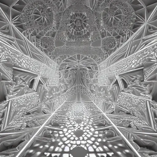 Prompt: a 3 d render of a massive sprawling fractal cathedral interior populated by mandelbrot fractals, unreal engine, carved soap, white color scheme, volumetric lighting, ambient lighting, octane render, glowing, carved marble, opalescent, carved wood, depth of field, sacred geometry, religious, angelic, catholicpunk, photorealism, 8 k, ultra detailed