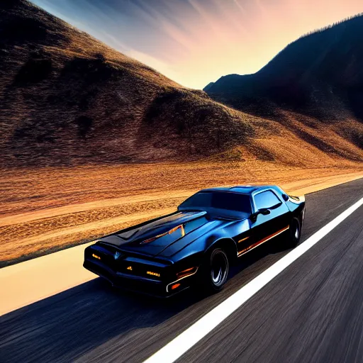 Image similar to black pontiac firebird trans - am driving towards the camera, mountain, valley, breathtaking mountains, lake, dynamic, sunrise, cinematic, motionblur, sunbeams, volumetric lighting, wide shot, low angle, artstation