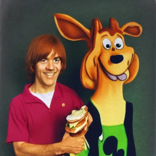 Prompt: 7 0 s polaroid portrait photograph of scooby doo and shaggy with 2 foot tall sandwiches