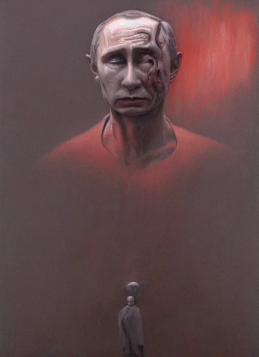 Image similar to Painting in a style of Beksinski featuring Vladimir Putin. Suffering and pain