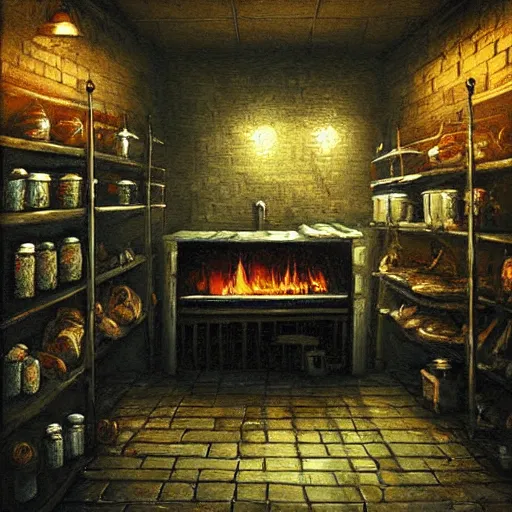 Prompt: interior of a backroom in a dark butcher shop lit by an eerie fireplace, dark fantasy, night, by michael whelan, digital art