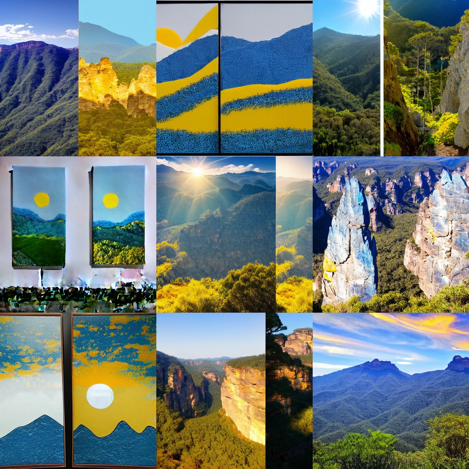 Prompt: two side by side panels of layered blue mountains with a white background with a bright yellow sun. beautiful serene feeling of being in nature. calming.