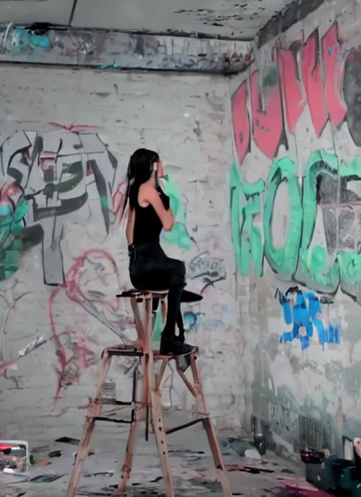 Prompt: film still of kylie Jenner doing a graffiti mural, derelict house, cinematic lighting, cinematic, rear pov,