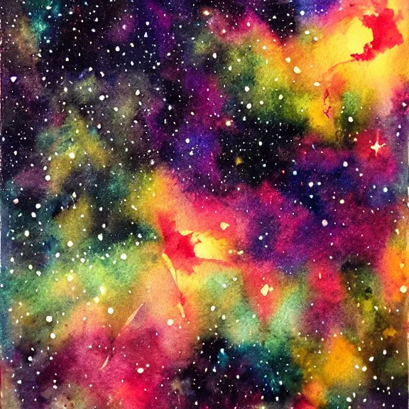 Image similar to starry sky in a night forest with galaxies and nebulae, watercolor painting