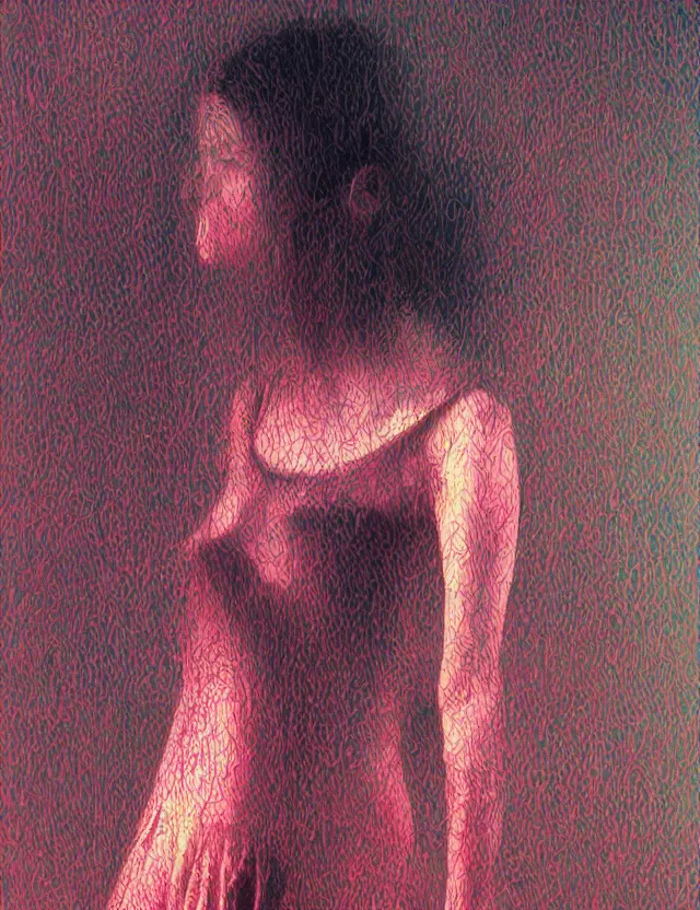 Image similar to dressed girl at home at night, redshift, wide high angle view, coloured polaroid photograph with flash, kodak film, hyper real, stunning moody cinematography, anamorphic lenses, by maripol, fallen angels by wong kar - wai, style of suspiria and neon demon and bahnhof zoo, detailed, oil on canvas, pixelated, glitch datamosh