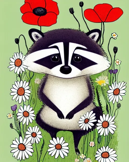 Image similar to a minimalist storybook illustration of a smiling happy cute raccoon wearing a flower crown of daisies and poppies, by antoine de saint - exupery and annabel kidston and naomi okubo and jean - baptiste monge. a child storybook illustration, muted colors, soft colors, low saturation, fine lines, white paper