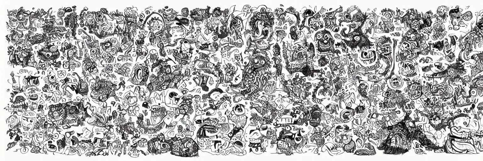 Prompt: monster doodle art, character sheet, fine details, concept design, contrast, kerby rosanes, the doodle boy, trending on artstation, 8 k, ultra wide angle