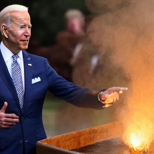 Image similar to joe biden standing over a bubbling and glowing magical pot