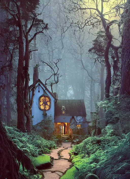 Image similar to hyper realistic homely ornate modern witch cottage distant down a path in the woods gorgeous lighting, blue sky, highly detailed, lush forest by zdzisław beksinski and norman rockwell and greg rutkowskiweta studio, and lucasfilm