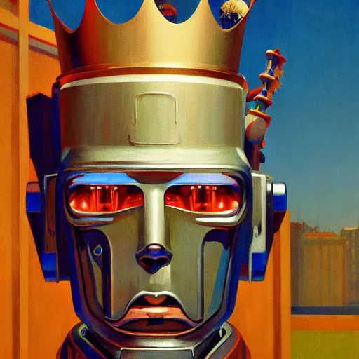 Prompt: Portrait of a King robot with digital crown, very coherent, painted by Edward Hopper, Wayne Barlowe, painted by James Gilleard, airbrush, art by JamesJean