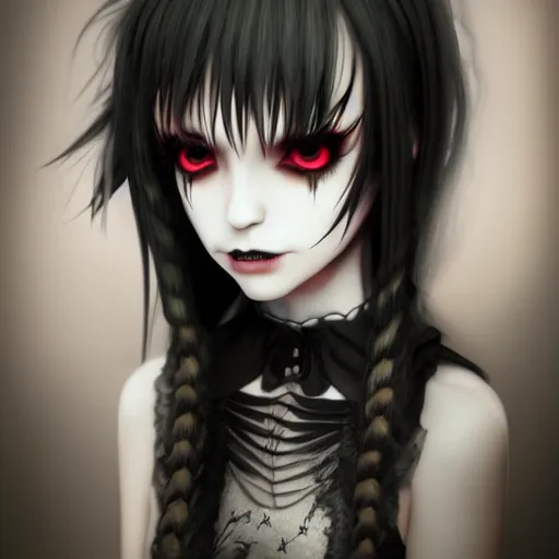 Prompt: photorealistic full shot portrait of cute angry darkness vampire anime girl, gothic clothing, worrying eyes, inspired by Tim Burton, detailed, unreal engine 4k volumetric light, fog,