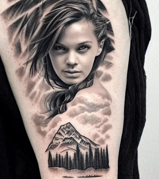 Image similar to a beautiful girl portrait at amazing nature and mountains, realism tattoo, in the style of den yakovlev, black and white, hyper realistic, highly detailed