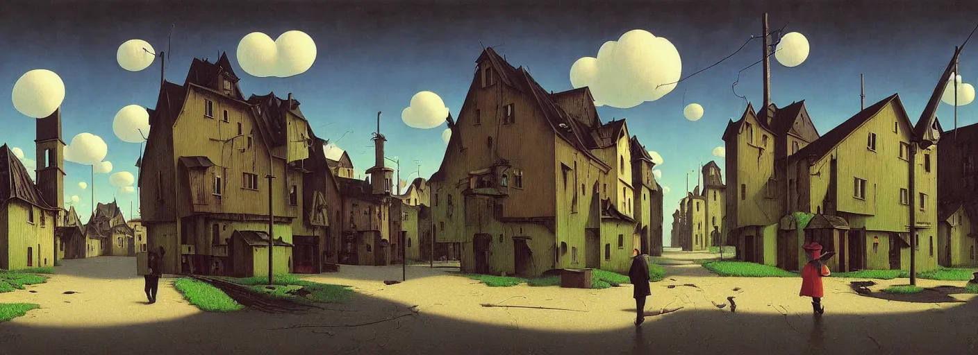 Prompt: flooded! old dark scary wooden empty cursed town street entance, very coherent and colorful high contrast masterpiece by gediminas pranckevicius rene magritte norman rockwell franz sedlacek, full - length view, dark shadows, sunny day, hard lighting, reference sheet white background