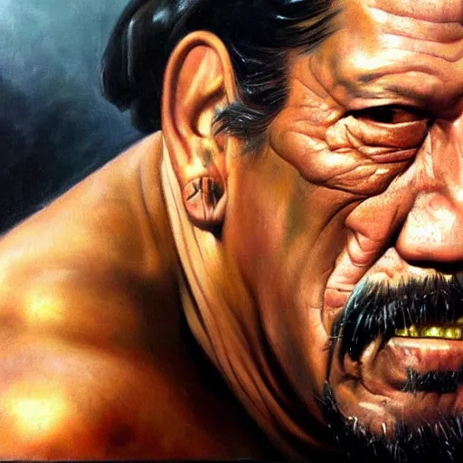 Prompt: ultra realistic portrait painting of danny trejo, art by frank frazetta, 4 k, ultra realistic, highly detailed, epic lighting