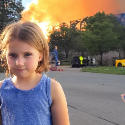 Prompt: a very young girl in the foreground with short straight hair gives a sideways glance and a smirk at the camera. in the background, slightly out of focus, we see a huge fire. high resolution photograph
