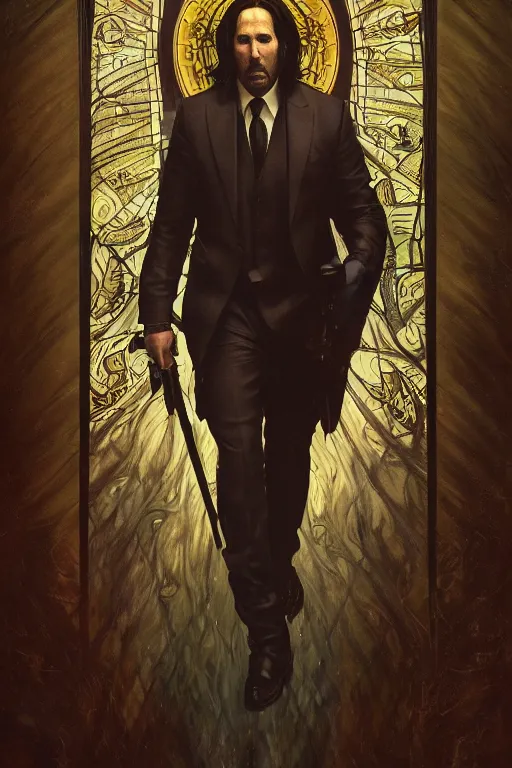 Prompt: a dramatic ethereal epic painting of nicolas cage as john wick | tarot card, art deco, art nouveau, realistic | deatiled face, dramatic lighting | by Dresden Codak, by Mark Maggiori and Alphonse Mucha | trending on artstation