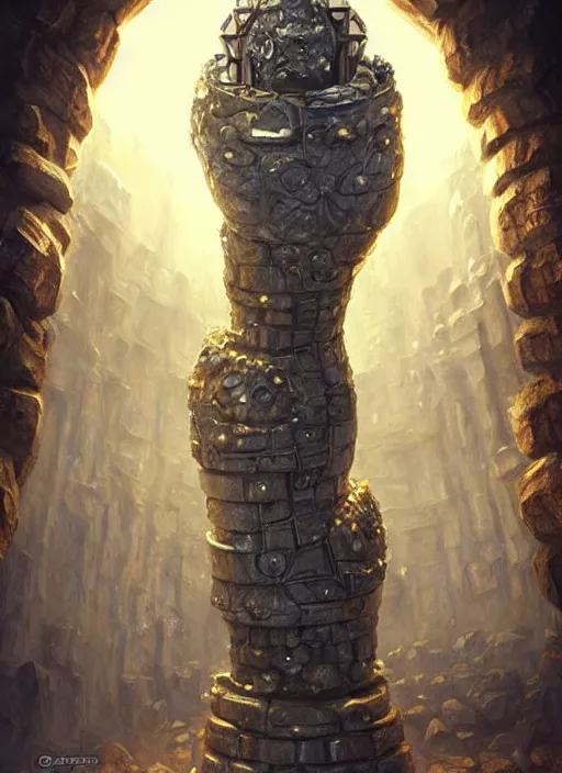 Prompt: a towering stone carved golem with a crystal core, in an ancient vault full of piled gold coins, stone pillars, fantasy digital painting, stunning intricate details, torch lighting, artwork by ross tran, artgerm